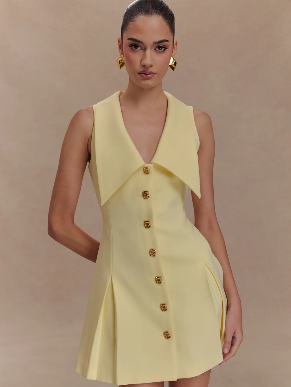 Meshki Pale Yellow Pleated Mini Dress with Gold Buttons